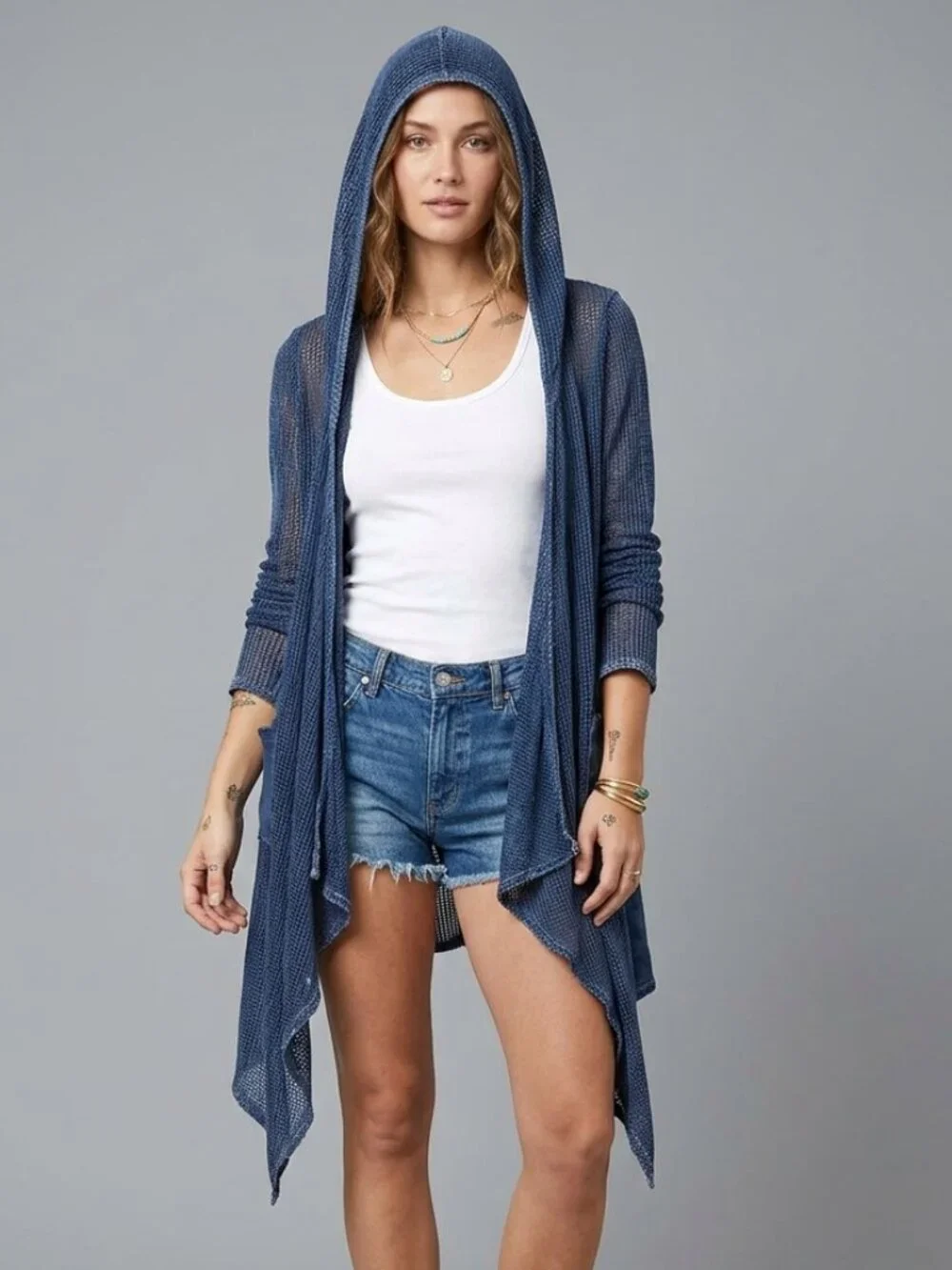T Party Hooded Cardigan Sweater Shrug L Blue Mineral Wash Fishnet Y2K Vintage